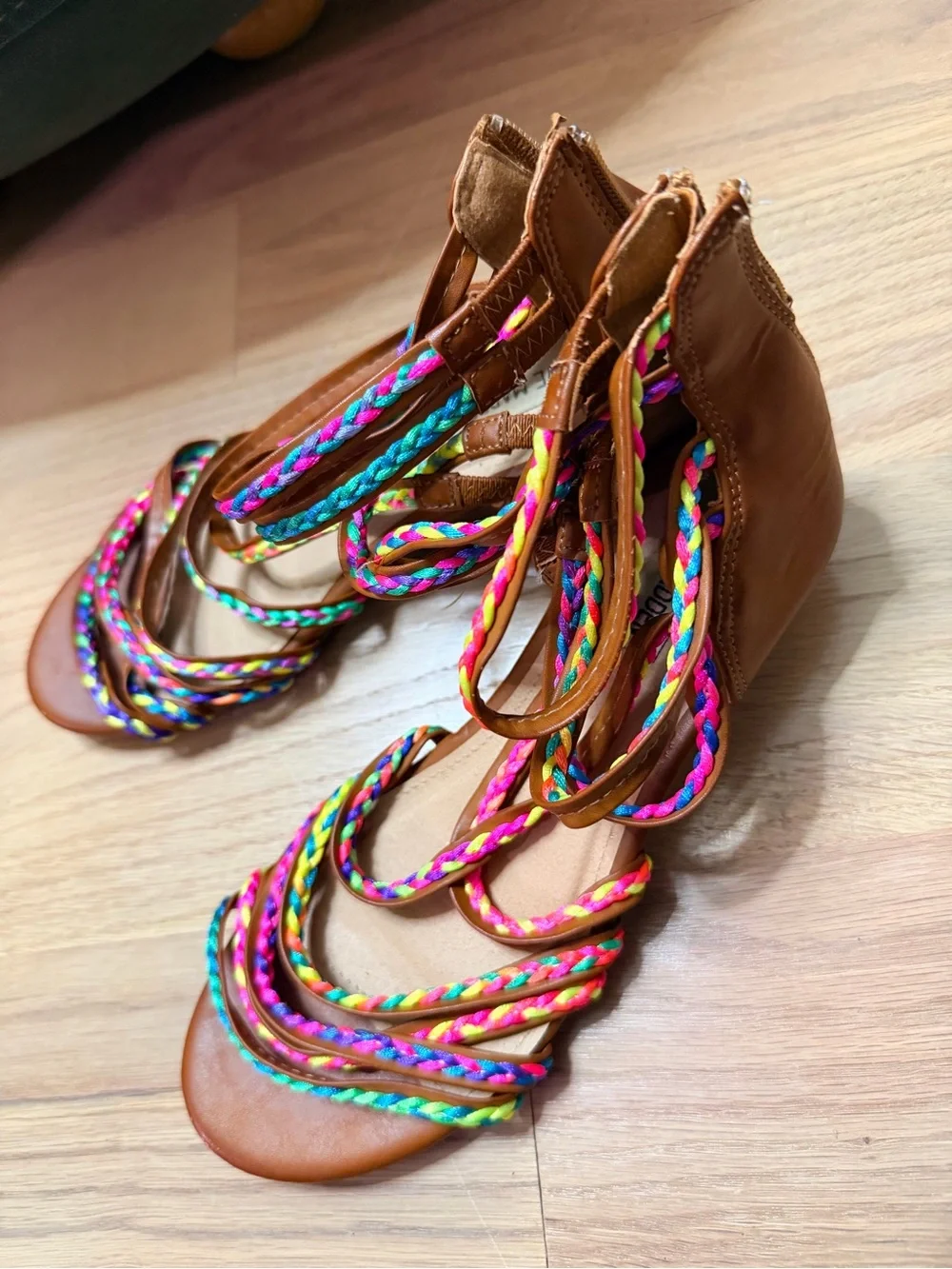 Steve Madden tracey Girls Wedge Sandals Brown Rainbow Youth 5 Fits Womens 6.5-7